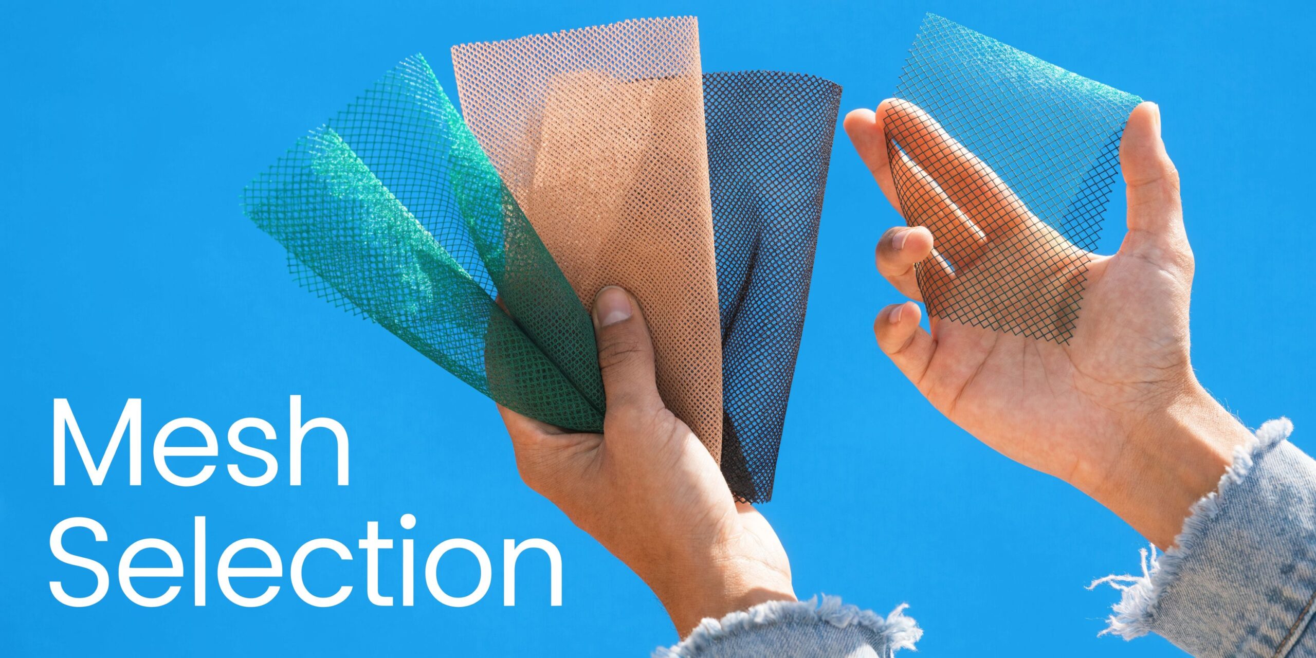 A person holding various swatches of insect screening mesh against a bright blue sky background.