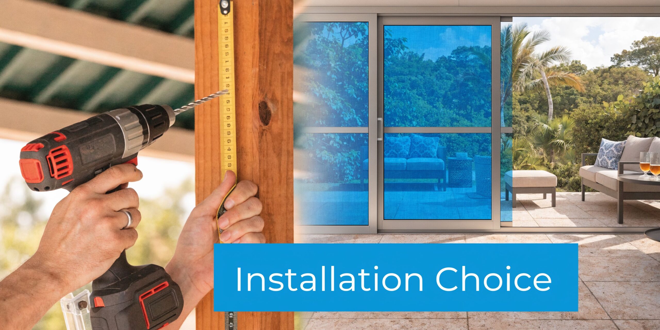 A person using a power drill and tape measure to install a blue retractable patio screen.