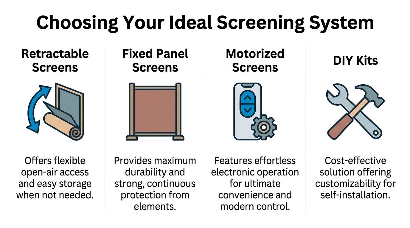 A comparison chart outlining four different types of patio screening systems including retractable, fixed, motorized, and DIY kits.