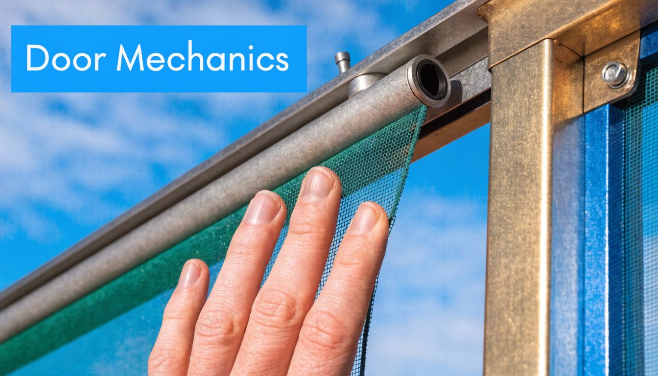 A close-up view of a hand touching the mesh of a retractable slide screen door mechanism.