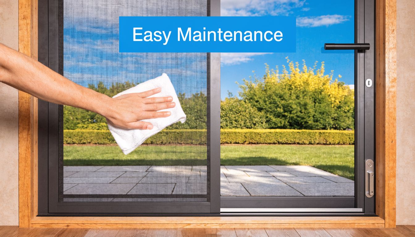 A person wiping a sliding screen door with a white cloth to demonstrate easy maintenance features.