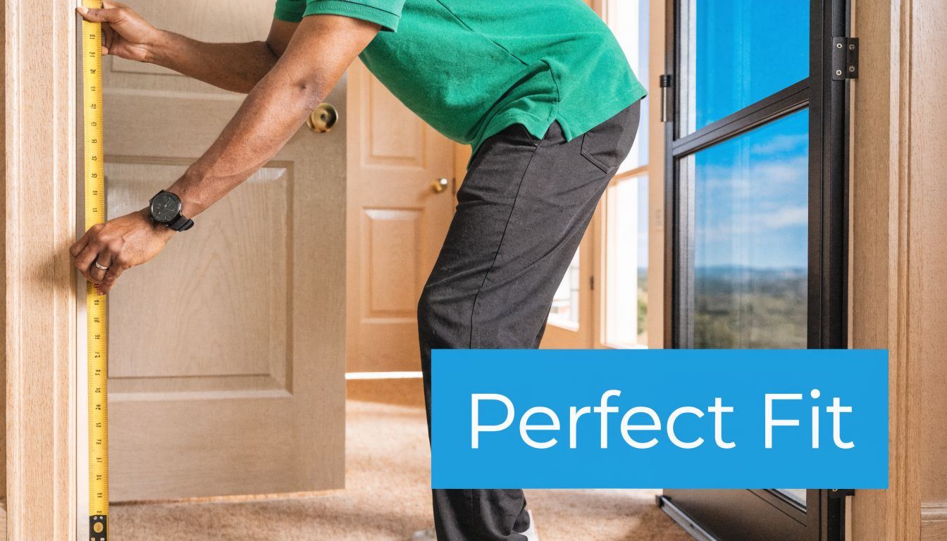A person in a green shirt carefully measuring a door frame with a yellow tape measure.