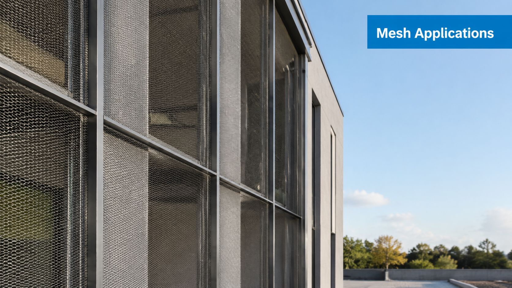 Fly Screens A modern building facade featuring decorative stainless steel mesh panels framed by architectural metal supports.