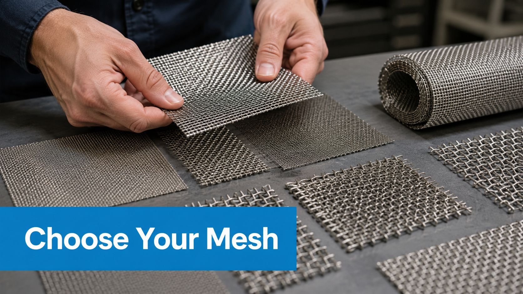 Fly Screens A pair of hands showcasing a piece of stainless steel mesh sheet among various metal wire samples.