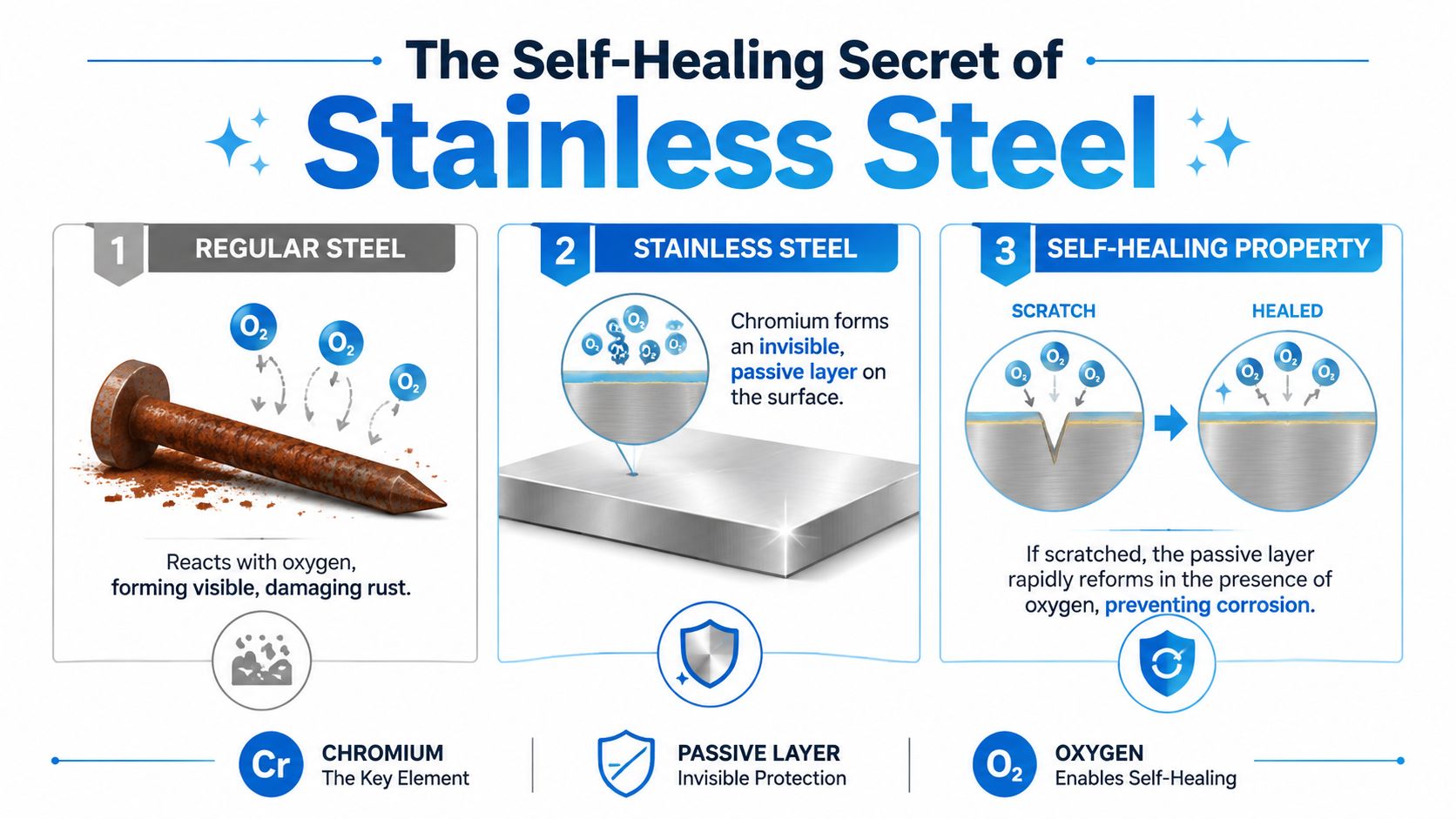 Fly Screens An infographic showing the self-healing property of stainless steel using a passive chromium oxide surface layer.