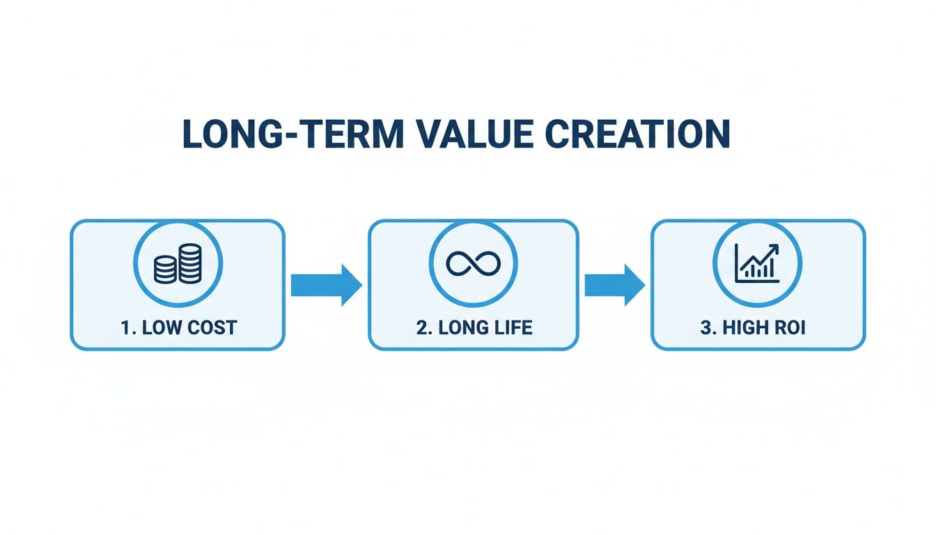 Flowchart illustrating long-term value creation through stages of low cost, long life, and high ROI.