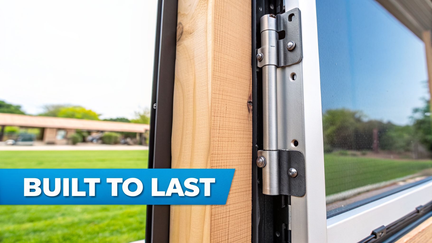 Close-up of a robust hinge on a durable door frame with a wooden support beam, featuring a window.