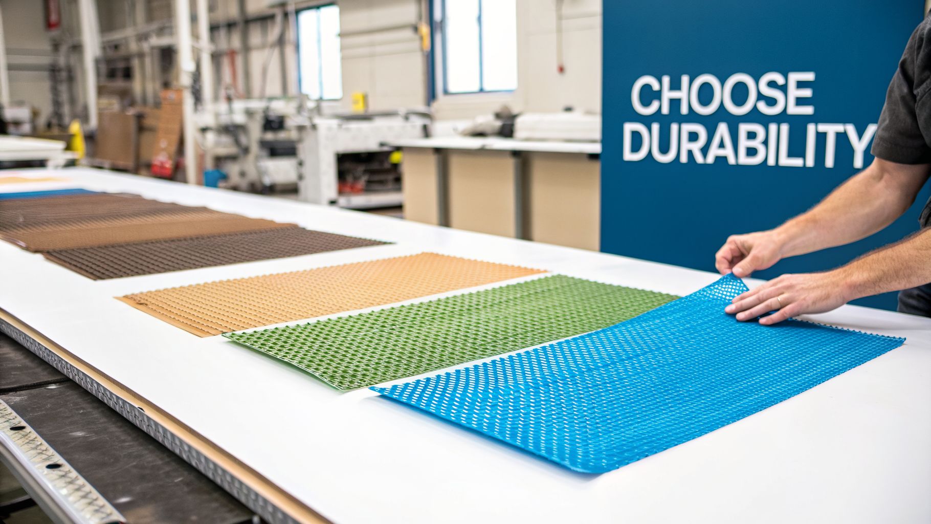 Hands arrange various durable mesh fabric samples on a white table in an industrial setting.
