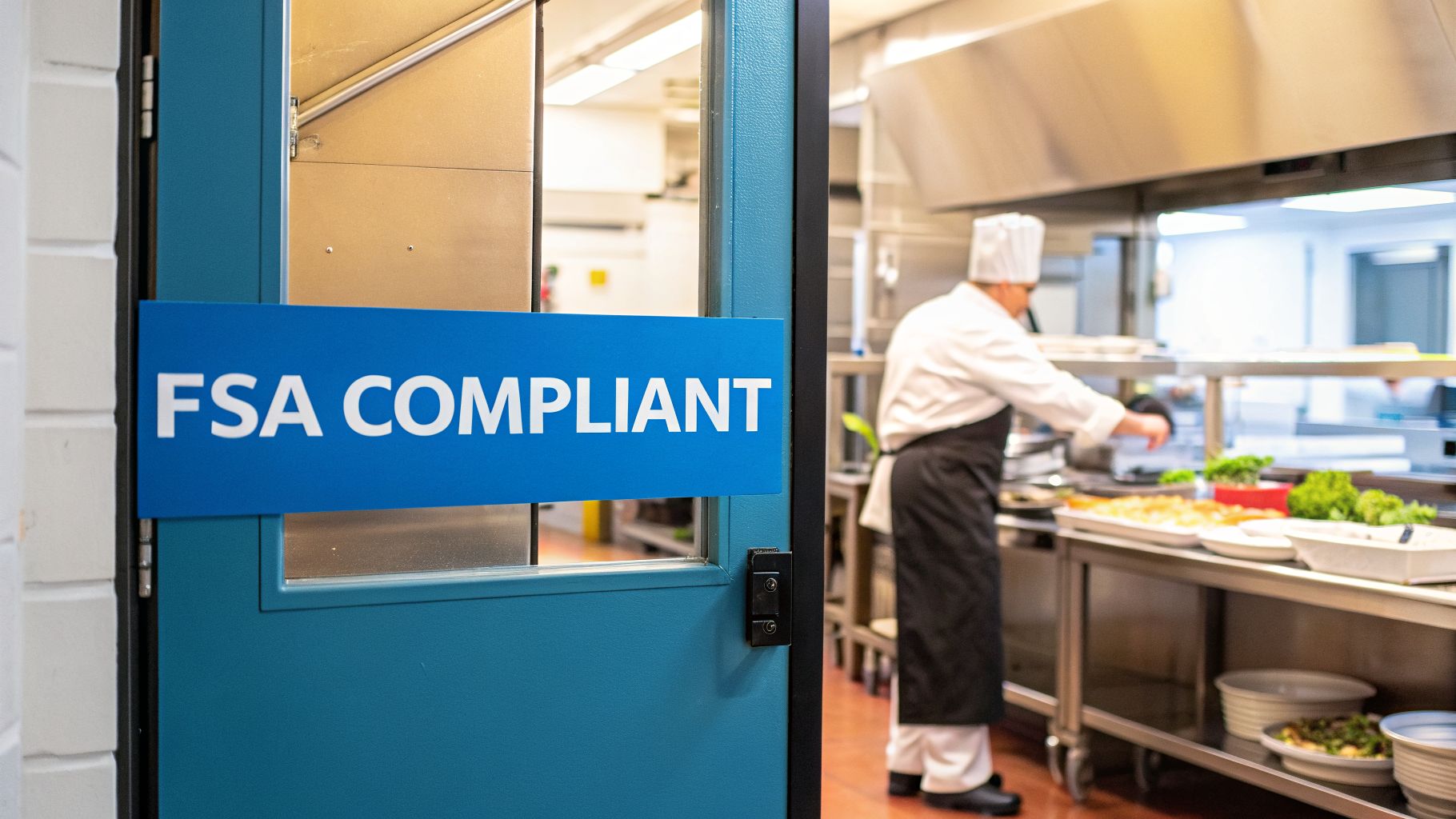 A blue door with an 'FSA COMPLIANT' sign leads into a commercial kitchen with a chef.