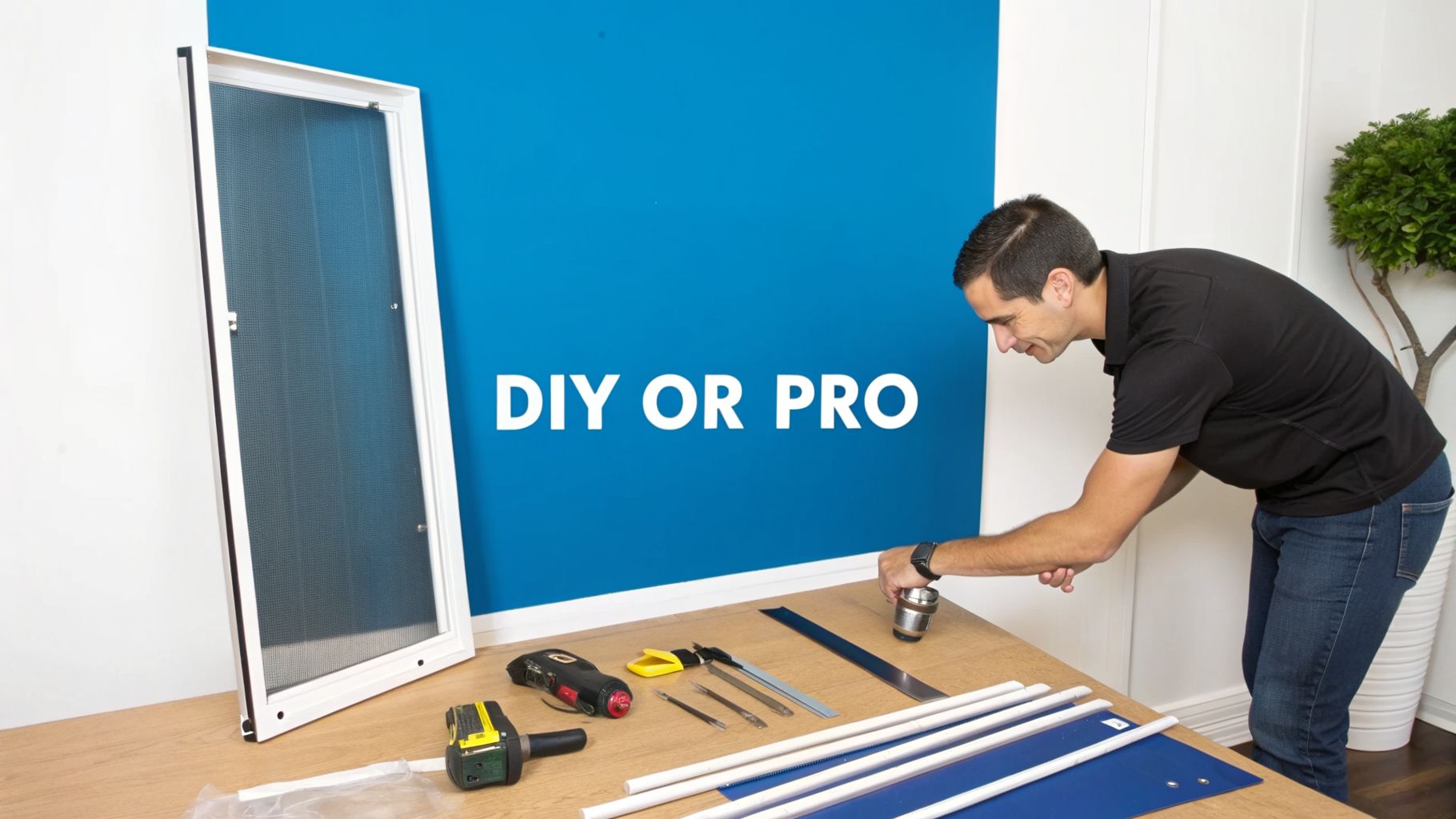 A man working on a screen door assembly with tools on a table, blue wall with 'DIY OR PRO' text.