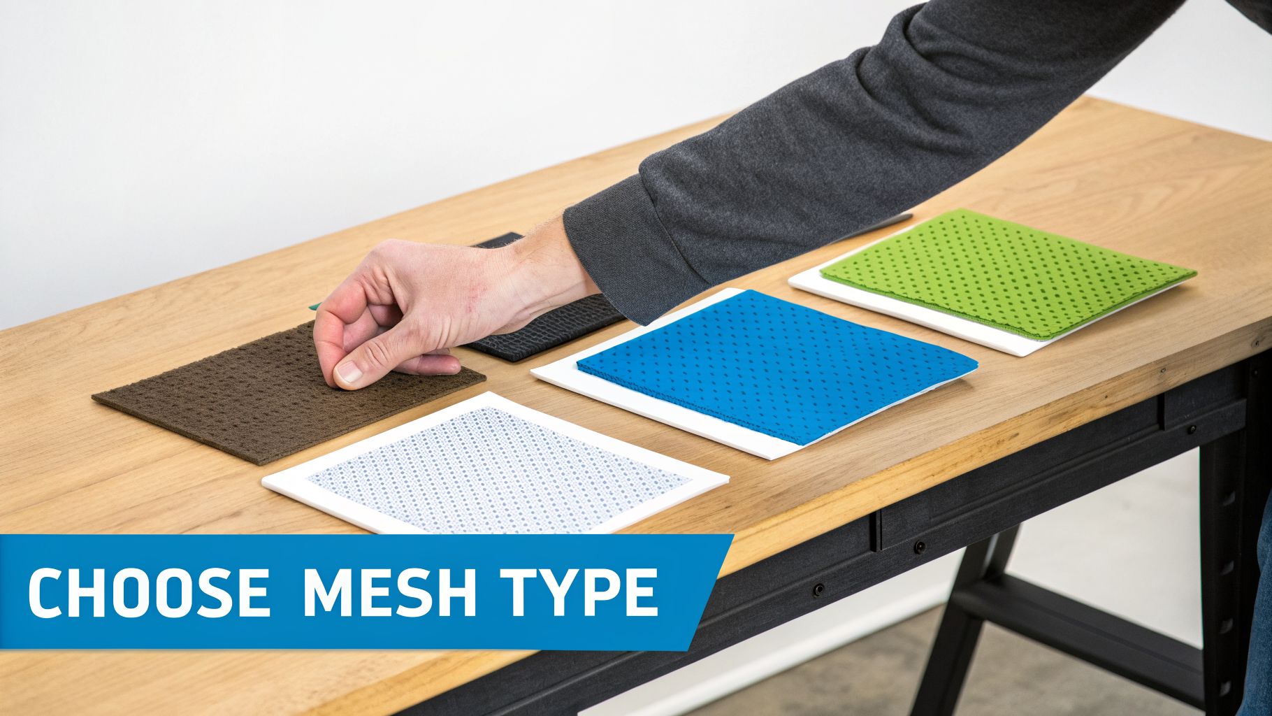 A hand selects from various mesh material samples in different colors and patterns on a wooden table.