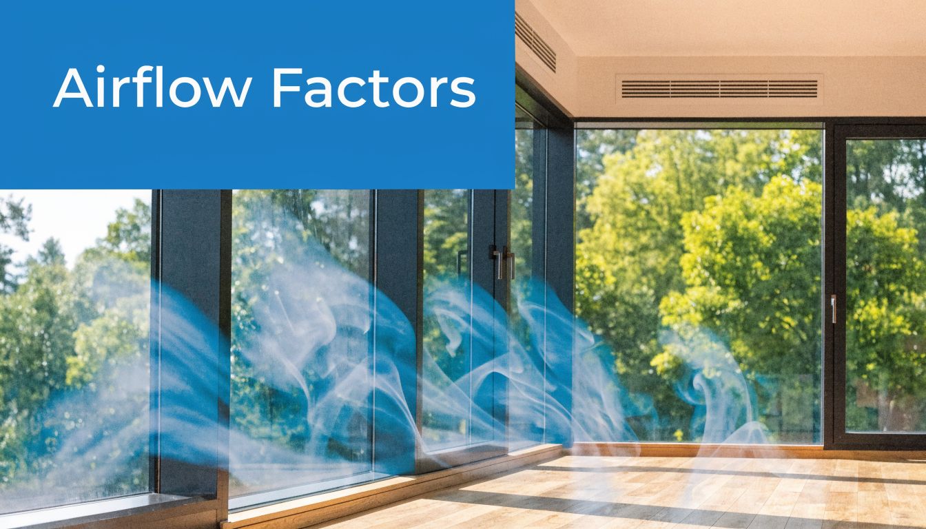 Fly Screens A modern room with large windows showing blue swirling air currents representing ventilation and airflow dynamics.