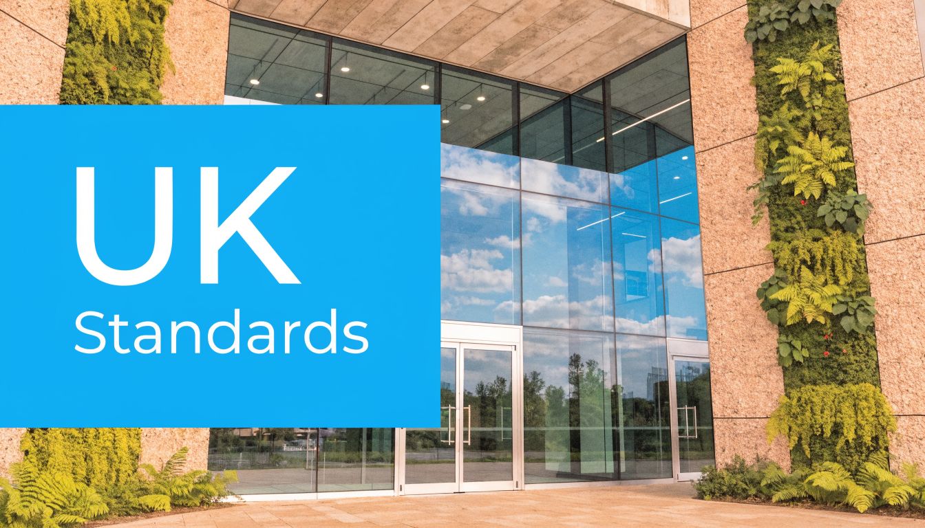 Fly Screens A modern building entrance with a blue sign reading UK Standards and lush vertical plant walls.