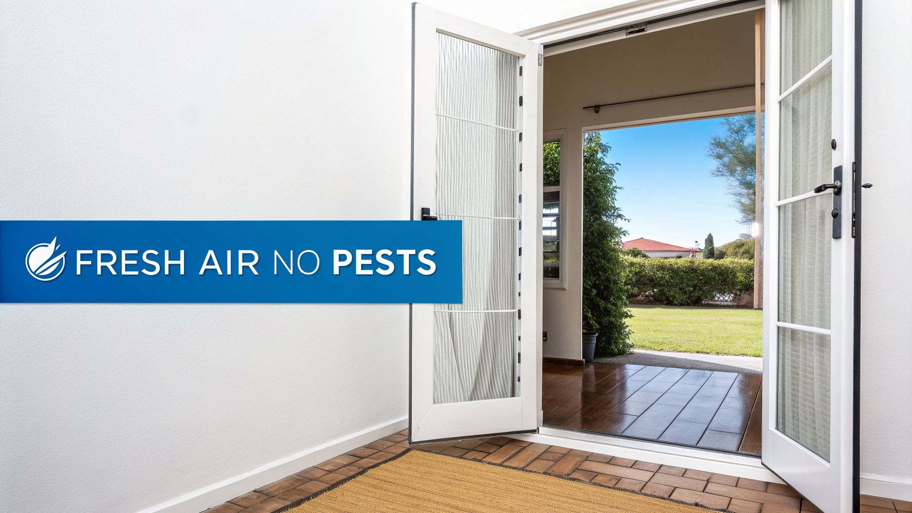 Fly Screens Open white French doors reveal a sunny backyard with green grass and blue sky. A banner reads 'FRESH AIR NO PESTS'.