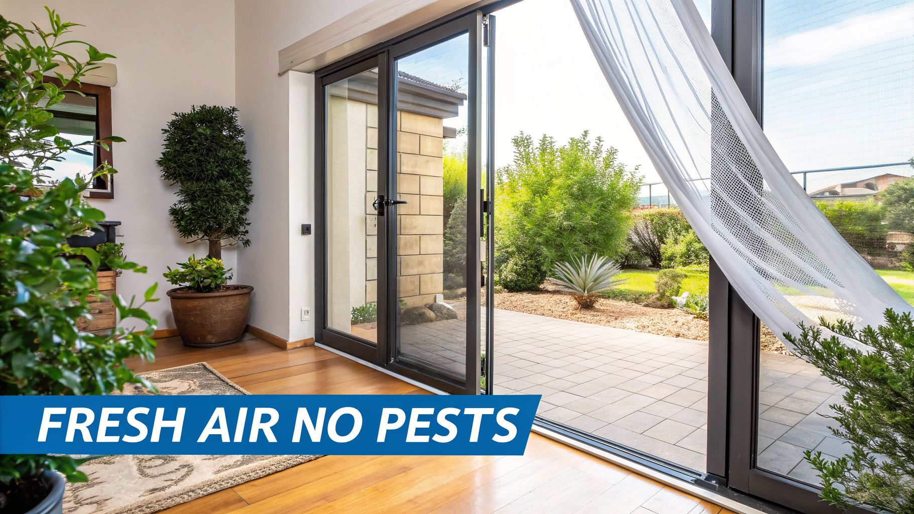 Bright room with glass doors open to a patio, featuring a mesh fly screen for fresh air and no pests.