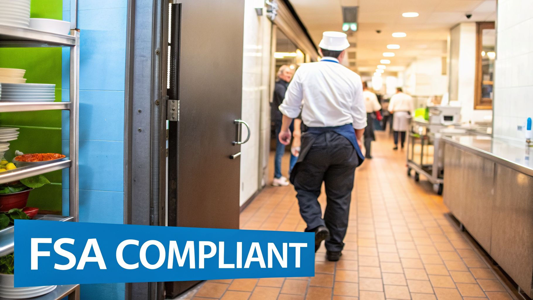 Chef in uniform walks through a busy commercial kitchen hallway, emphasizing FSA compliance.