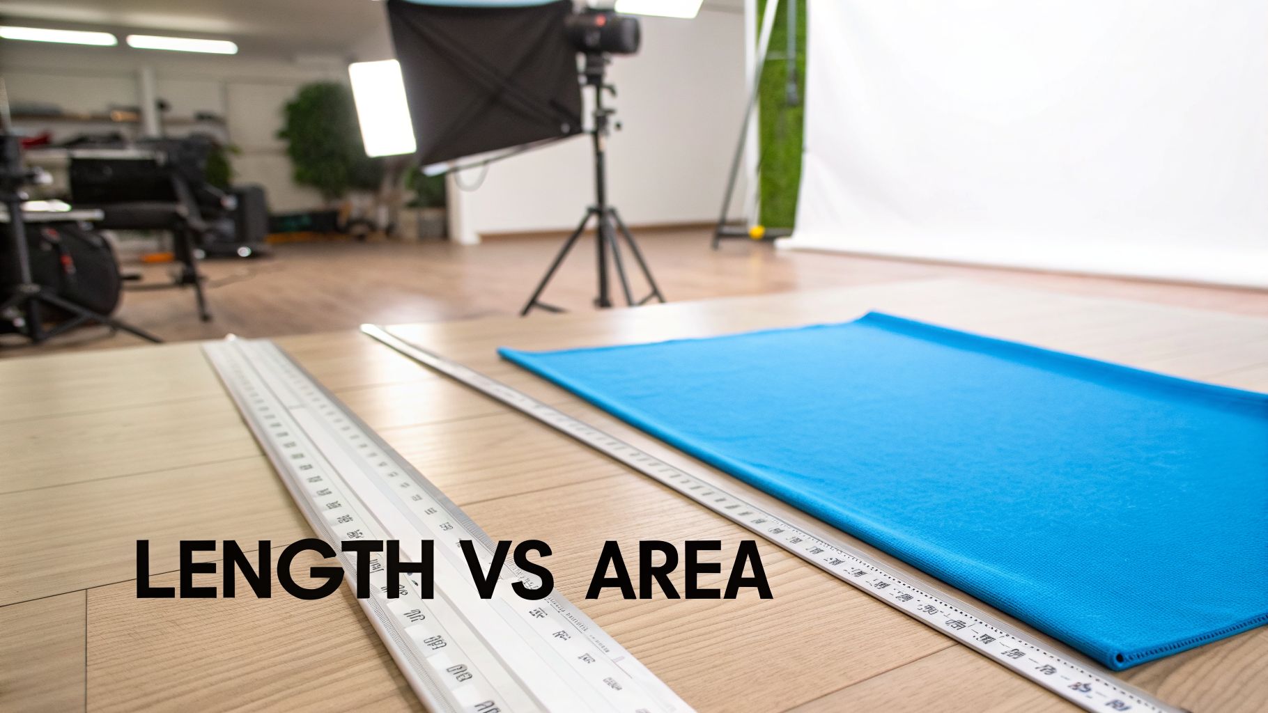 Fly Screens Two rulers measure a blue mat on a wooden floor in a studio, illustrating length vs. area.
