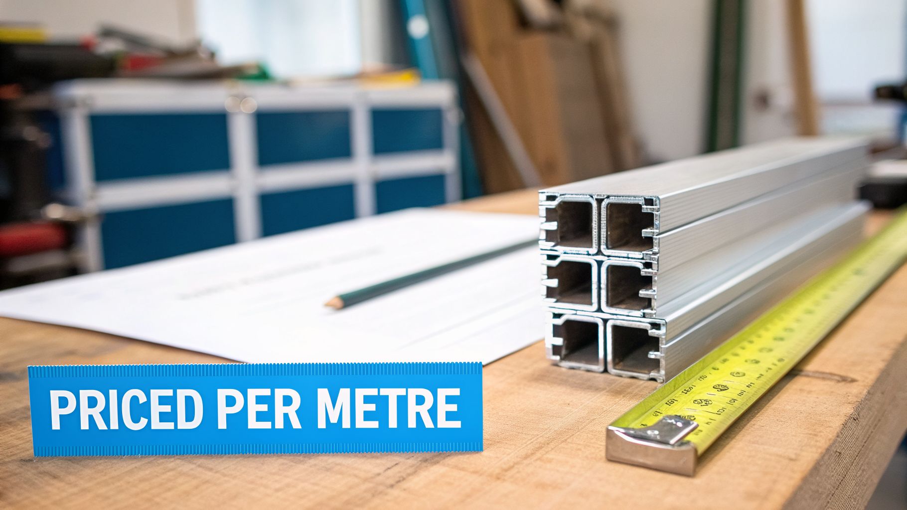 Fly Screens Aluminum profiles, a measuring tape, and a 'Priced Per Metre' sign on a workshop workbench.
