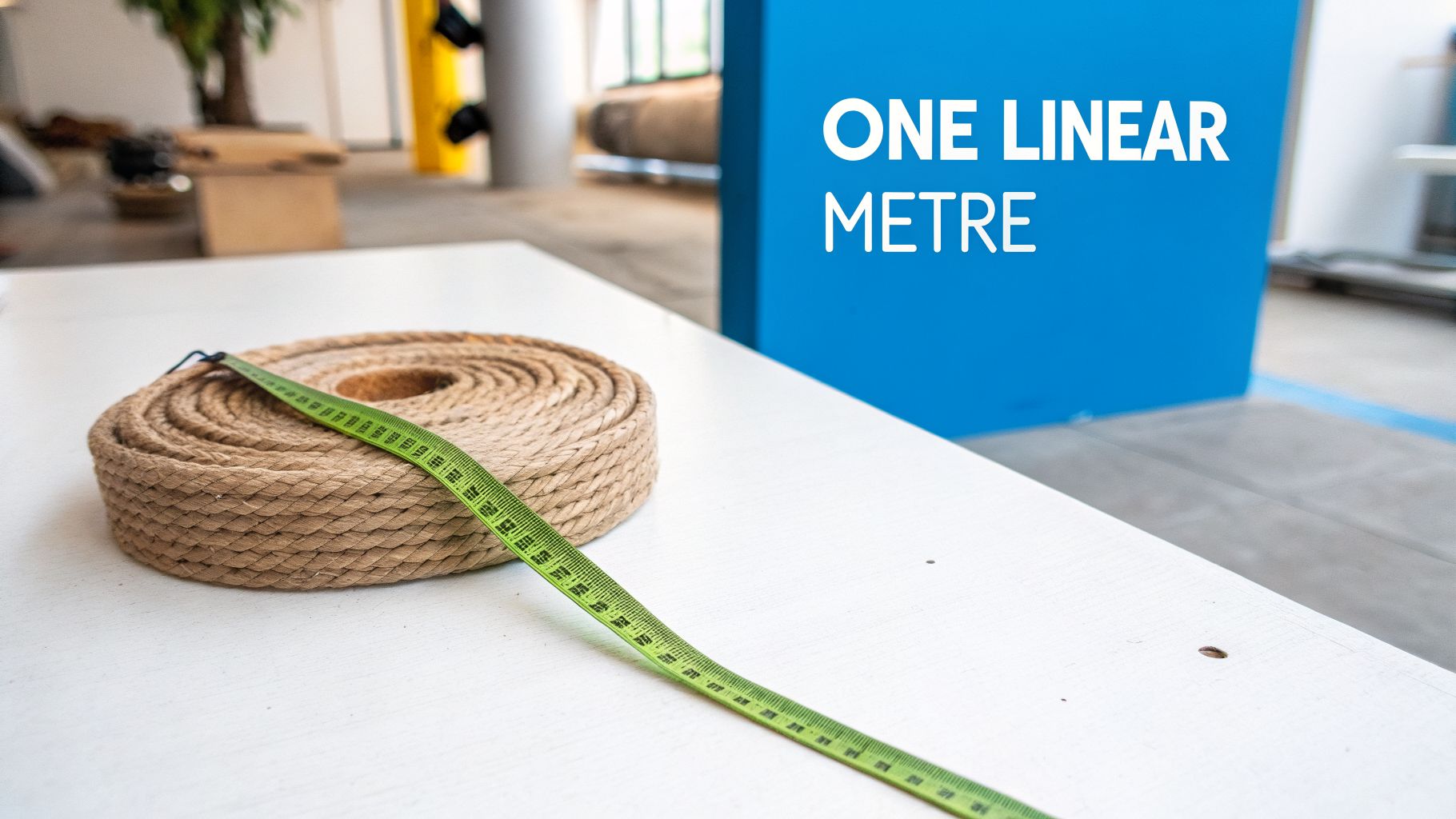 Fly Screens A roll of natural rope with a green measuring tape on a table, next to a 'ONE LINEAR METRE' sign.