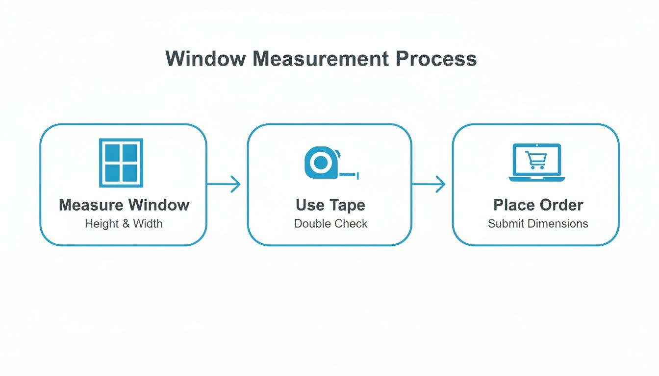 Fly Screens Infographic showing a three-step window measurement process from measuring to placing an online order.