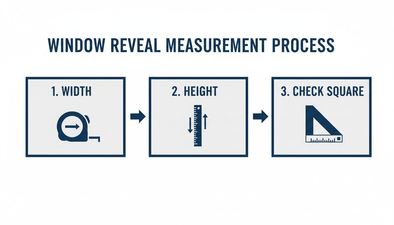 A step-by-step guide to the window reveal measurement process, including width, height, and checking square.