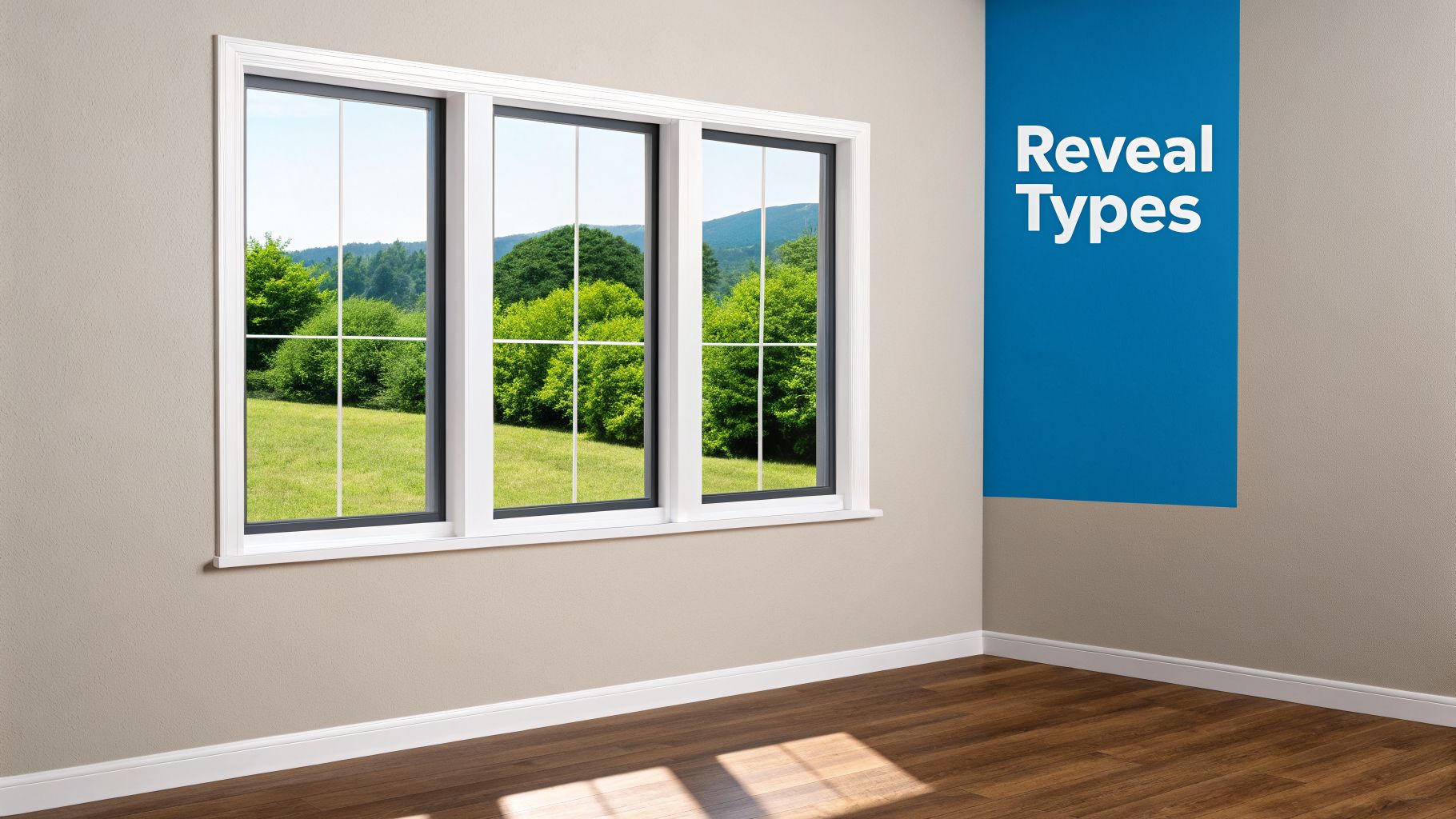 An interior room with a large window revealing a green landscape and a blue panel labeled 'Reveal Types'.