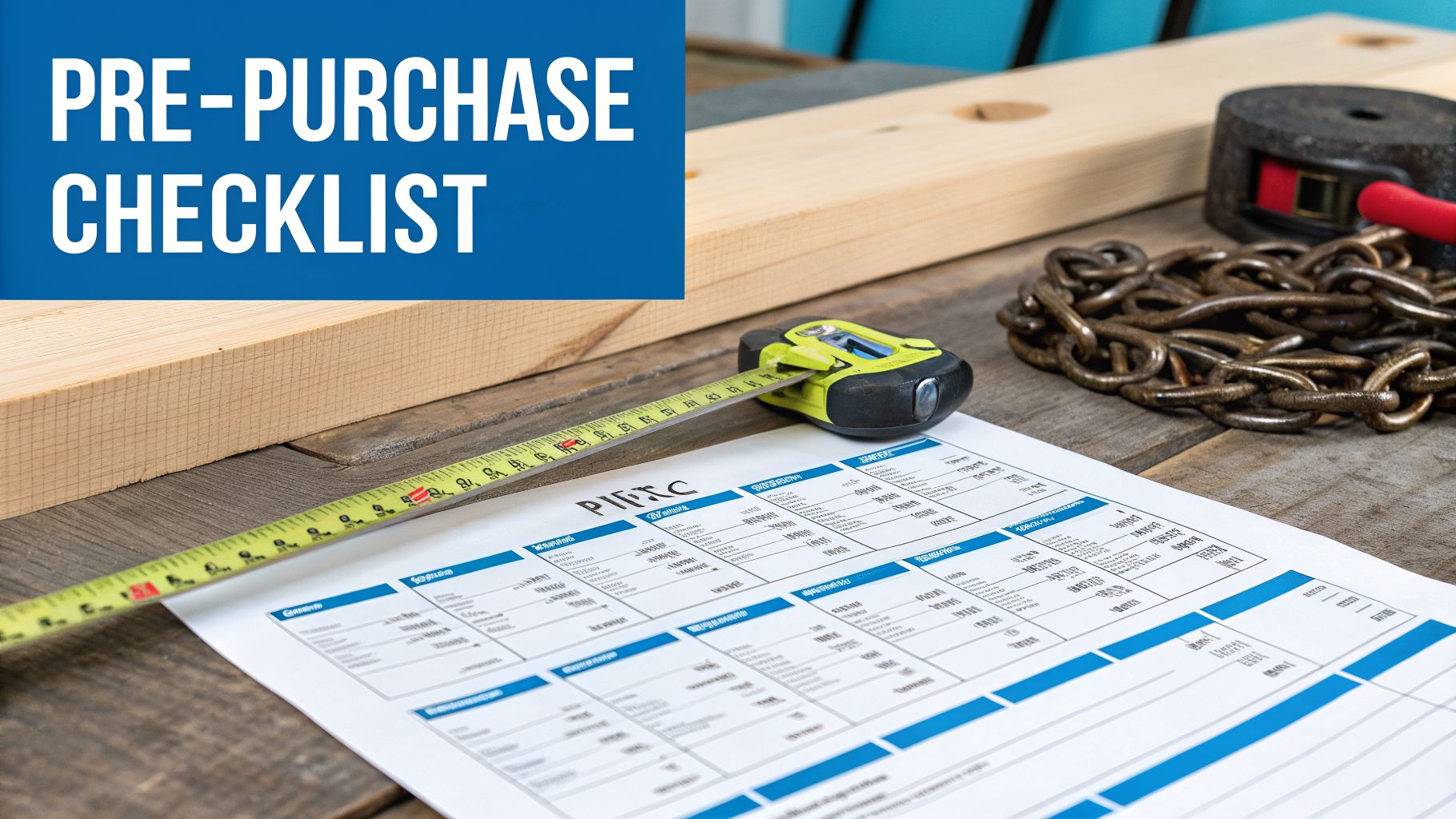 A 'PRE-PURCHASE CHECKLIST' document on a rustic wooden table with a tape measure, lumber, and chain.