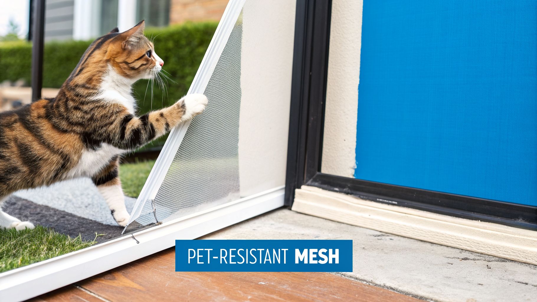 A calico cat playfully scratches a white pet-resistant window screen, highlighting its durability.
