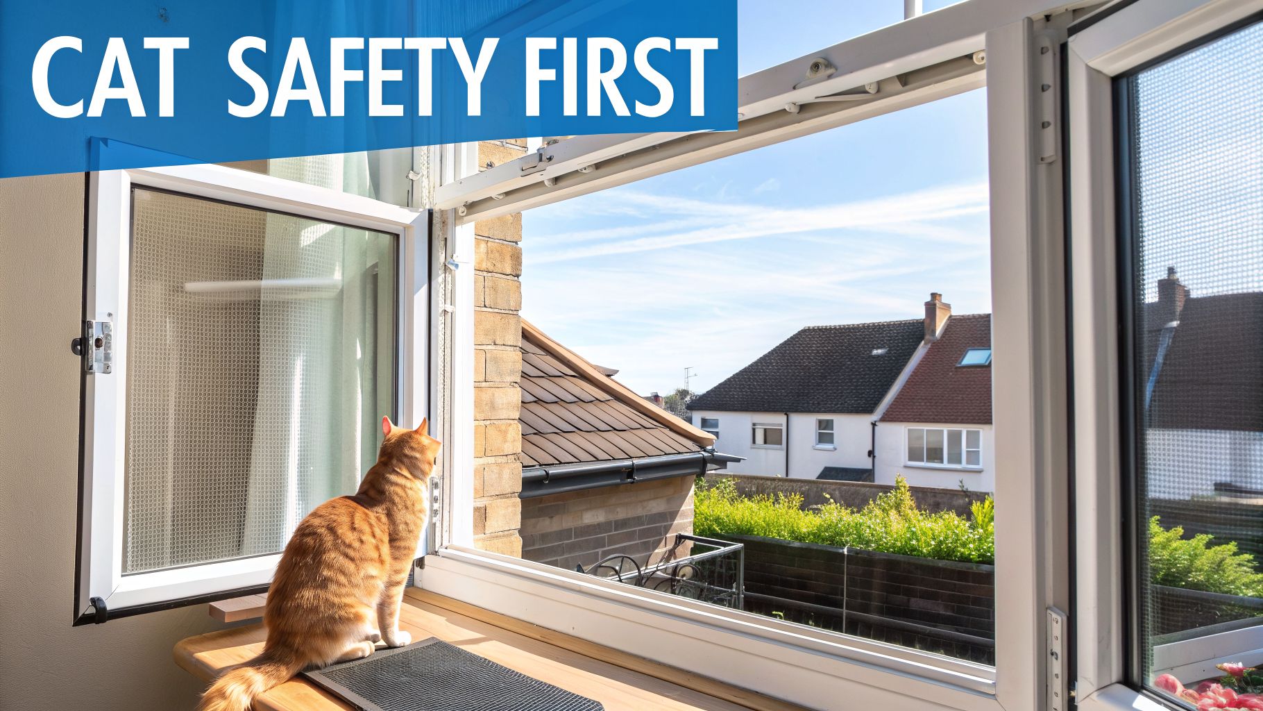 An orange cat looks out an open window with a mesh screen, emphasizing cat safety.