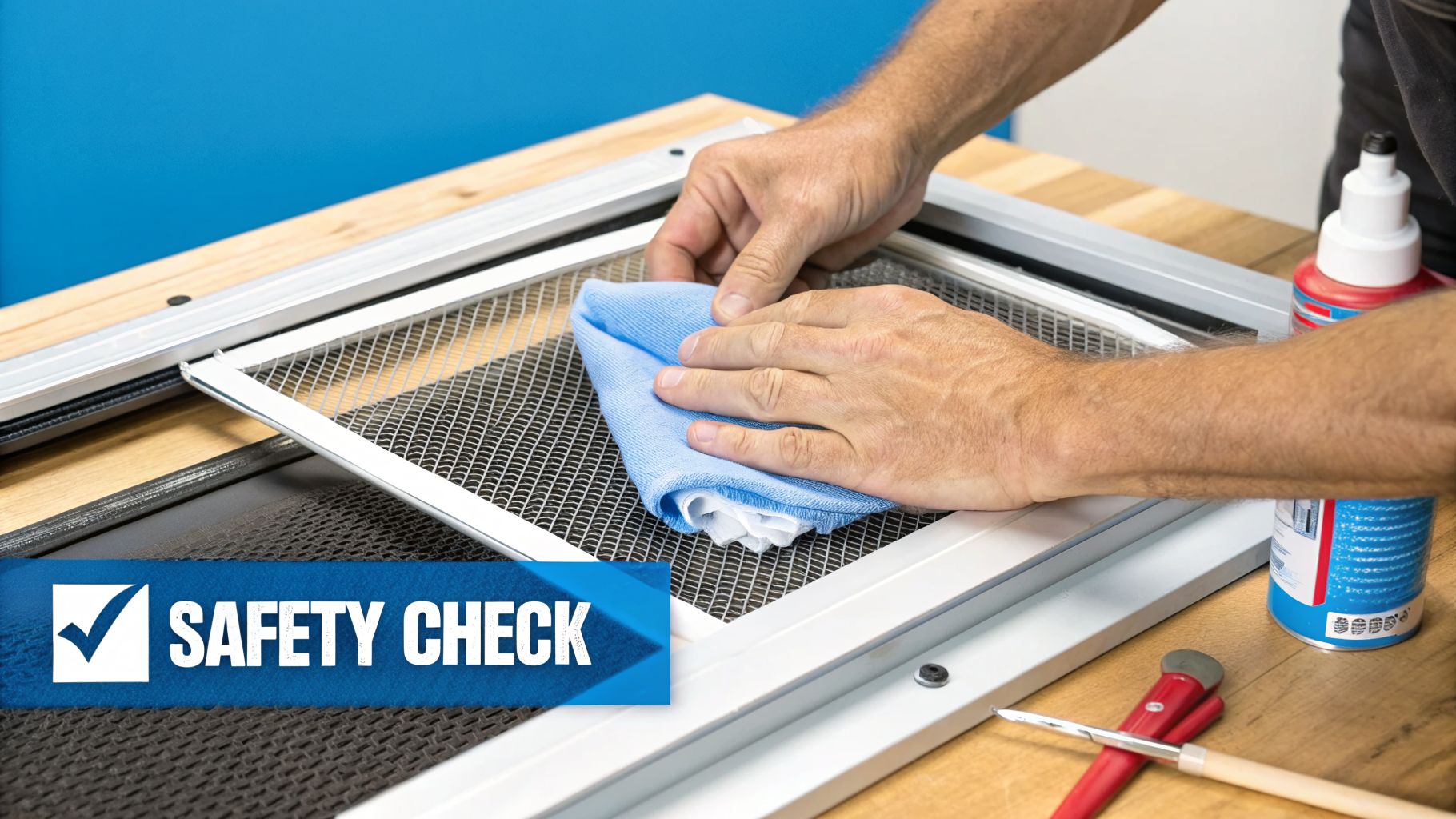 A person uses a blue cloth to clean a metal window screen on a wooden table.