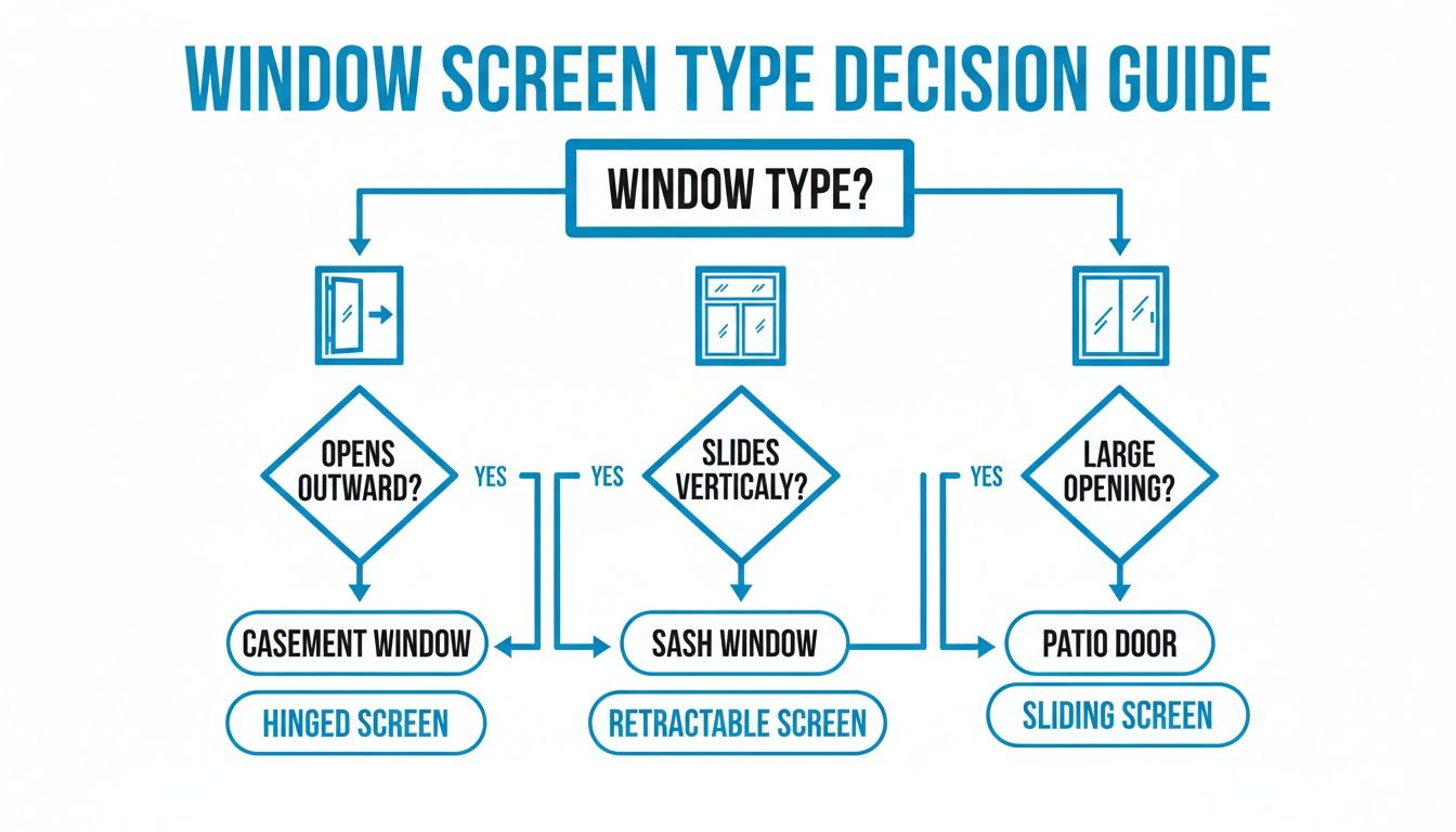 A decision guide flowchart for choosing the right window screen type based on window functionality.
